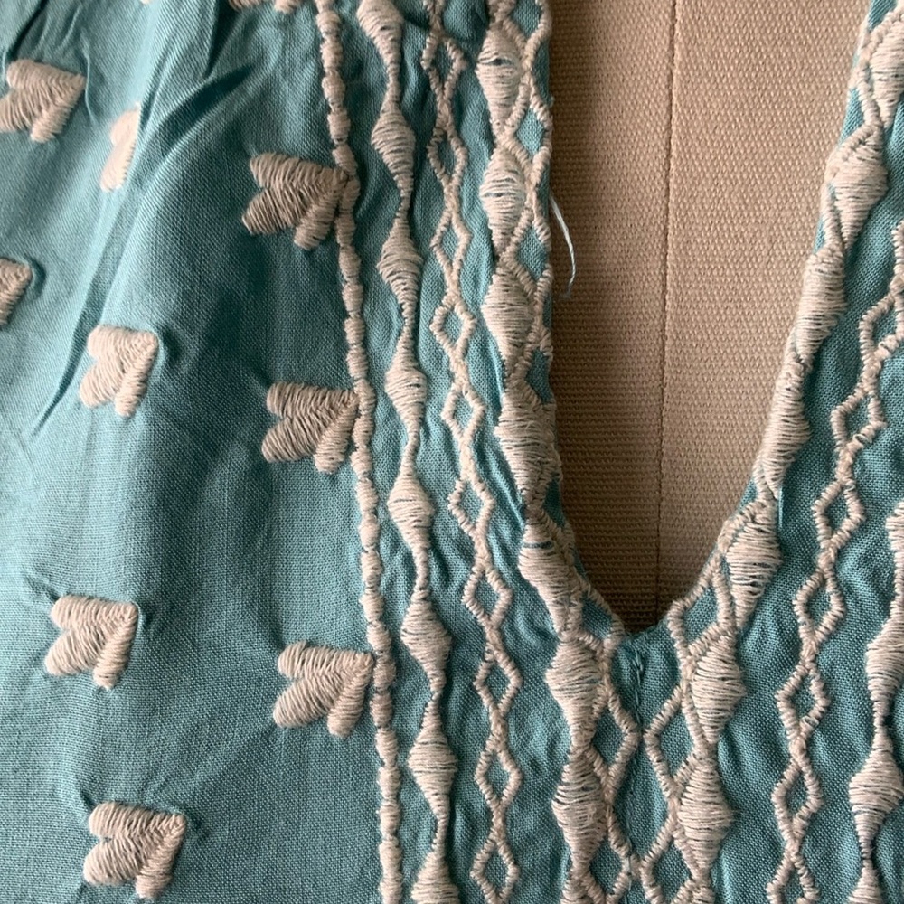 Sundance, seafoam color with embroidery accents. Sleeveless/Halter style top. - Picture 2 of 8